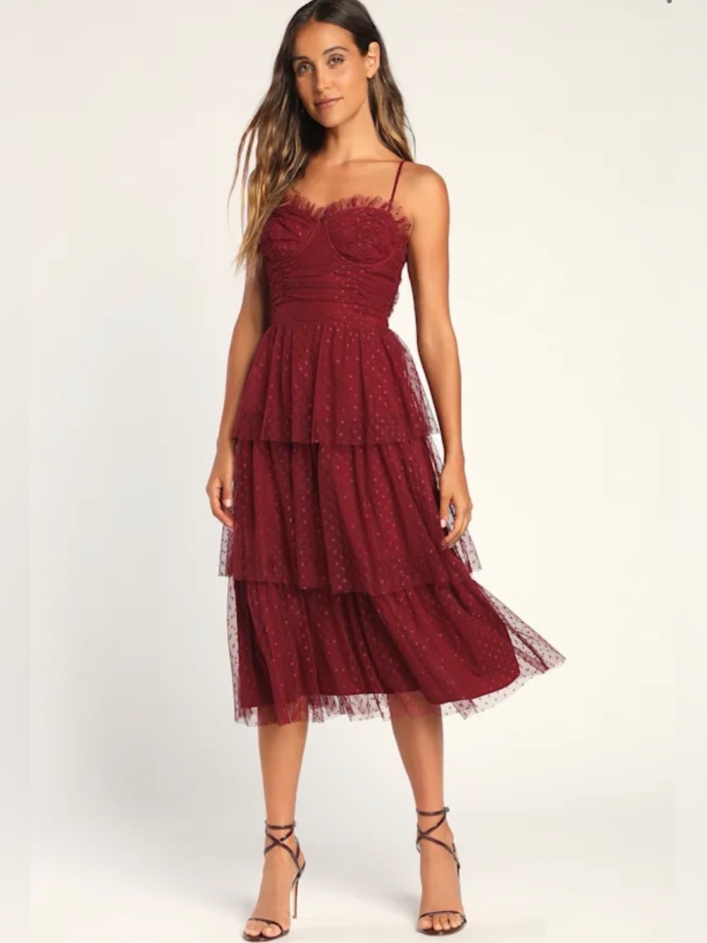 Lulus Sweetheart Style Burgundy Polka Dot Bustier Tiered Midi Dress